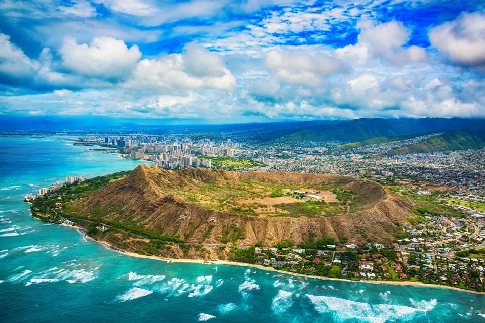 Diamond Head crater from the air, next to Waikiki