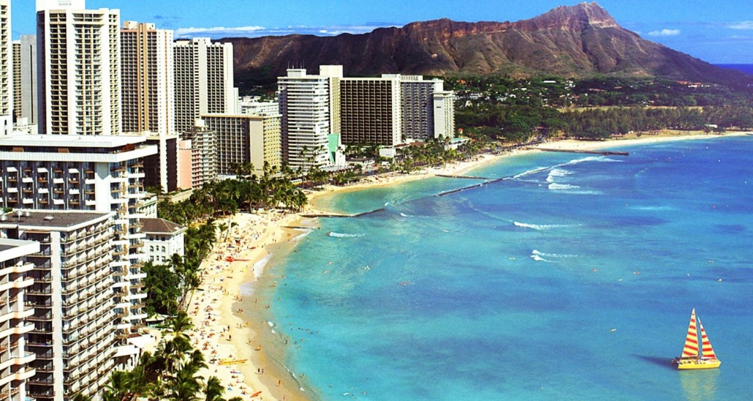 Waikiki Beach and Diamond Head from above